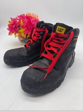 Caterpillar Black Work Boots with Red Laces Steel Toe Size 8